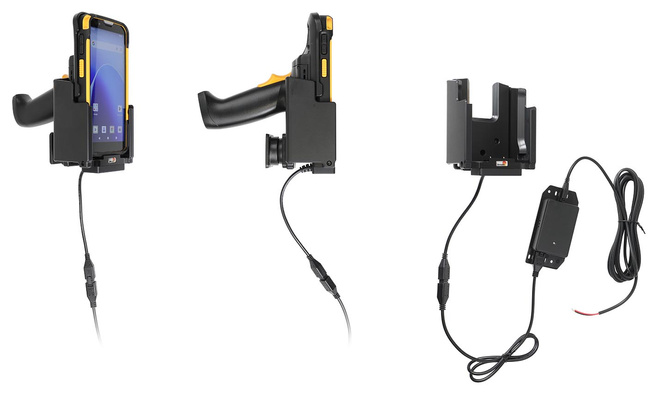 Aktywny uchwyt PogoPin Brodit do stałego montażu na CipherLab RS38 w gumowym etui i z chwytem pistoletowym