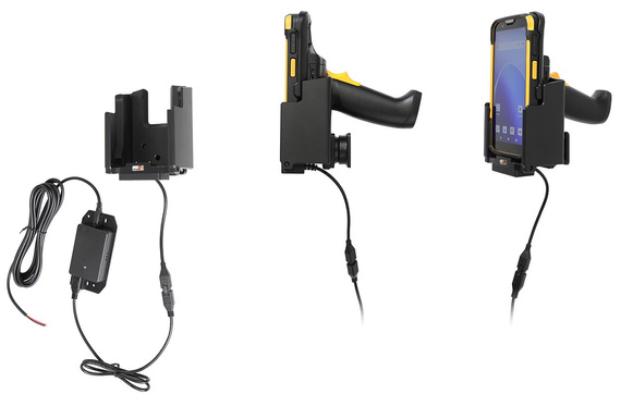 Aktywny uchwyt PogoPin Brodit do stałego montażu na CipherLab RS38 w gumowym etui i z chwytem pistoletowym