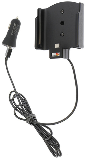 Uchwyt do Samsung Galaxy A53 z wbudowanym kablem USB oraz ładowarką samochodową.