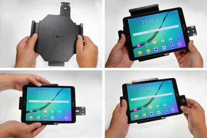 Uchwyt pasywny do tabletów gołych jak i w futerale regulowany w zakresie: 240-270 mm (szer.), 160-185 mm (wysokość), z blokadą na kluczyk