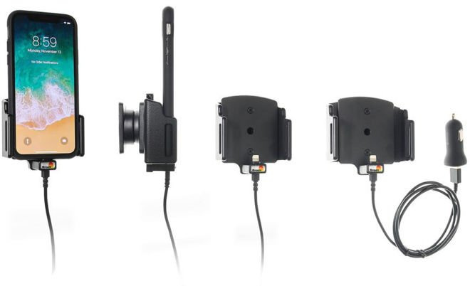 Uchwyt regulowany do Apple iPhone Xs w futerale lub obudowie o wymiarach: 70-83 mm (szer.), 2-10 mm (grubość) z wbudowanym kablem USB oraz ładowarką samochodową