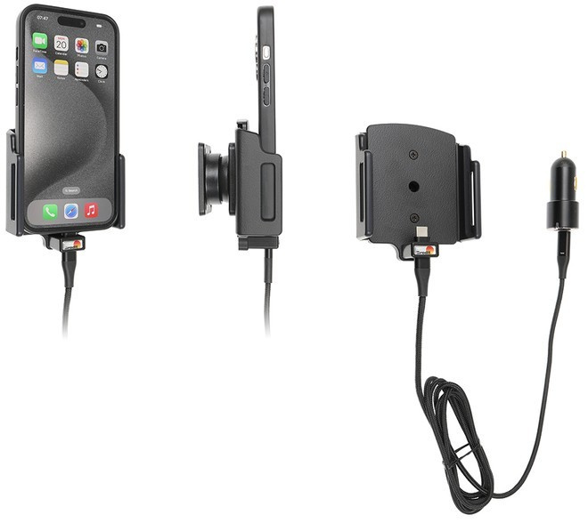 Uchwyt aktywny z kablem USB-C do Apple iPhone 17 w futerale lub bez o wymiarach: 70-83 mm (szer.), 8-12 mm (grubość).