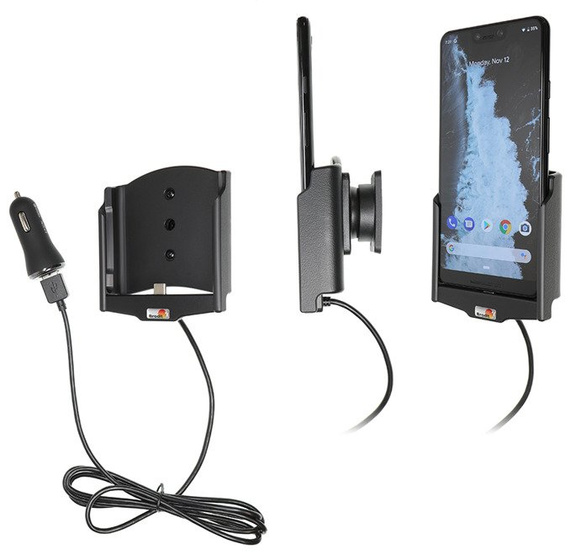 Uchwyt do Google Pixel 3 XL z wbudowanym kablem USB oraz ładowarką samochodową.