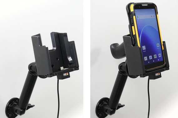 Aktywny uchwyt Brodit do stałego montażu na CipherLab RS38 w gumowym etui i z chwytem pistoletowym