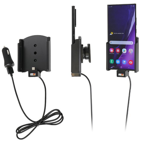 Uchwyt do Samsung Galaxy Note 20 Ultra z wbudowanym kablem USB oraz ładowarką samochodową.