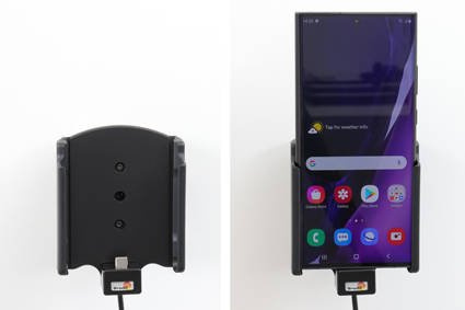 Uchwyt do Samsung Galaxy Note 20 Ultra z wbudowanym kablem USB oraz ładowarką samochodową.