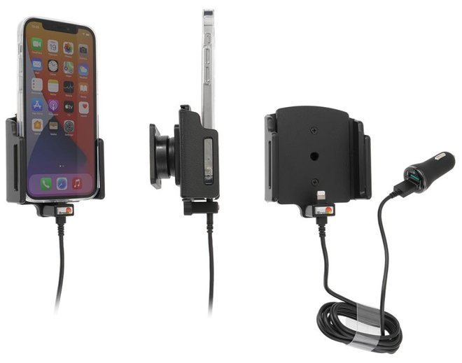 Uchwyt aktywny z kablem USB do Apple iPhone 13 Pro w futerale lub bez o wymiarach: 70-83 mm (szer.), 6-10 mm (grubość).